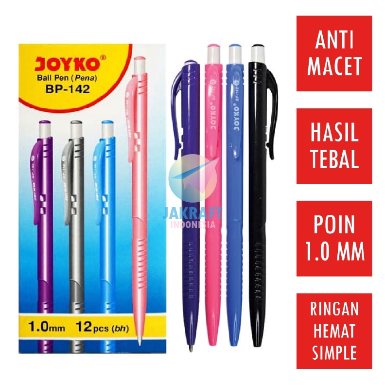 

EKSKLUSIF 12 Pcs Pulpen Bolpen Pen Klik JOYKO BP142 Hitam Black Tebal 1 mm Warna Warni