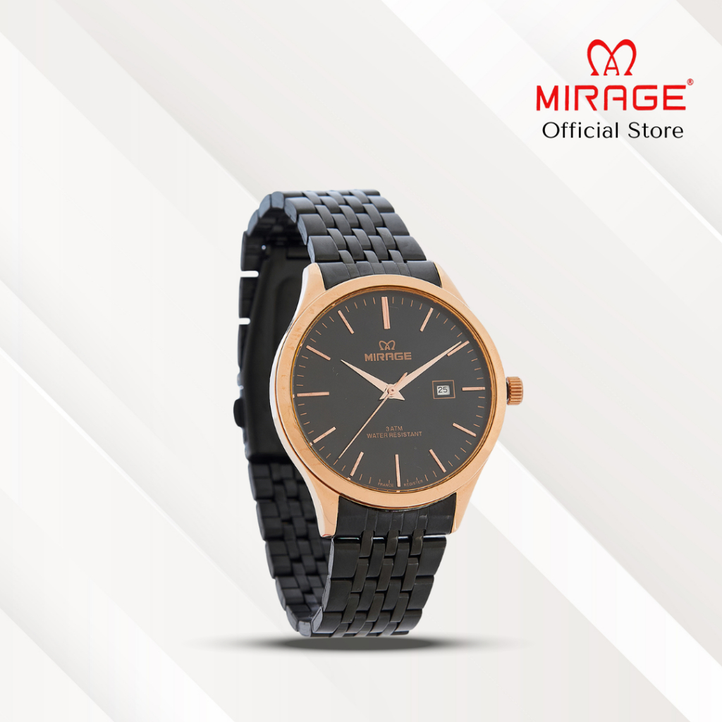 Mirage Jam Tangan Pria Analog 8738 M Black Rose Gold Original Stainless