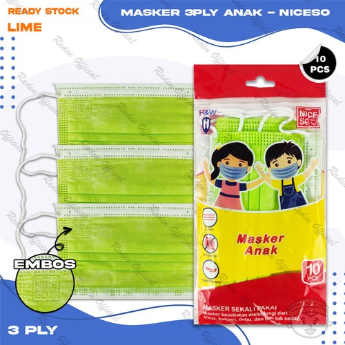 Masker Anak Medis 3Ply NICESO Isi 10Pcs Warna Lime 3 Ply Earloop Surgical Mask Kemenkes