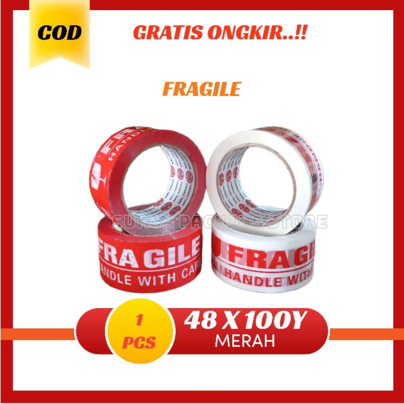 Lakban Fragile Merah 48mm x 100Yard | Lakban Fragile Putih 100 yard | Lakban Merah