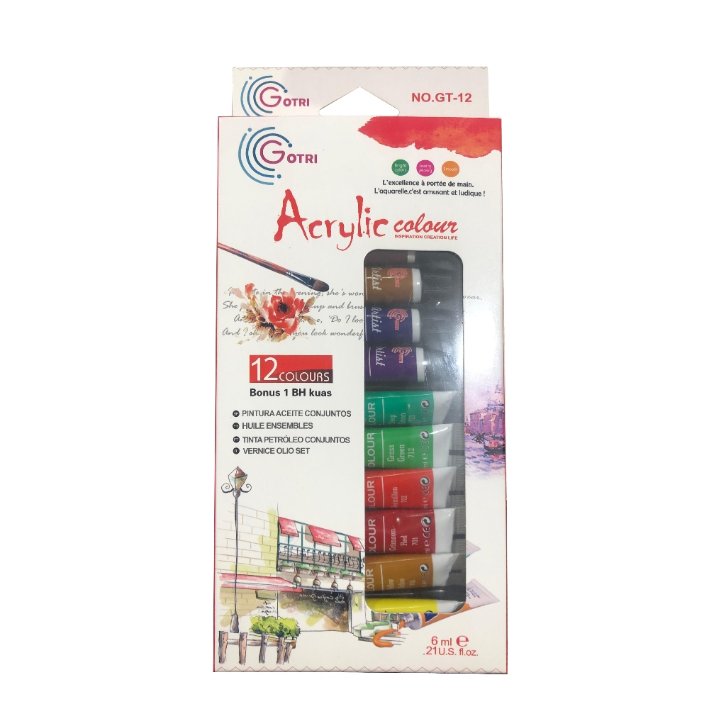 

Acrylic Colour 12 Warna GT-12 / Cat Melukis / Cat Mneggambar / Bonus 1 Buah Kuas