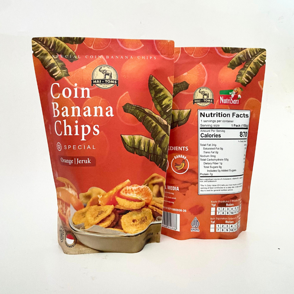 

Hai Toms Banana Coin Chips Orange Keripik Pisang rasa jeruk 150 gram