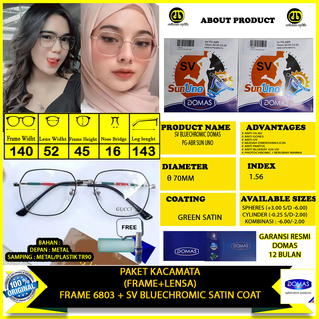 PAKET KACAMAT(FRAME+LENSA) 6803 BLUECHROMIC SUN UNO DOMAS