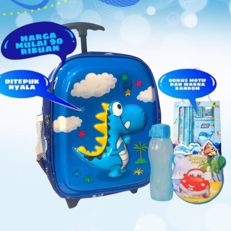 RB Tas troli anak TK cowo banyak karakter lampu LED/ tas dorong anak free set alat tulis / tas koper