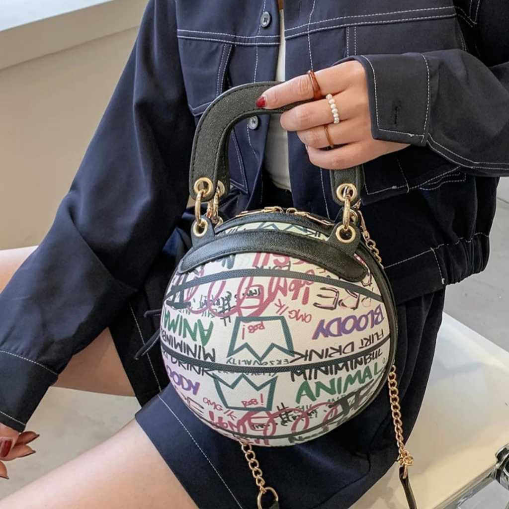 Tas Wanita Bentuk Bola Basket Motif Graffiti / Bola Basket / Tas Bola Basket / Tas Bulat / Tas Selem