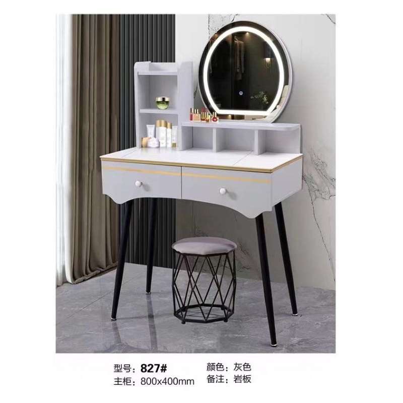 Meja Rias Kaca Bulat white + Kursi Kaki Besi