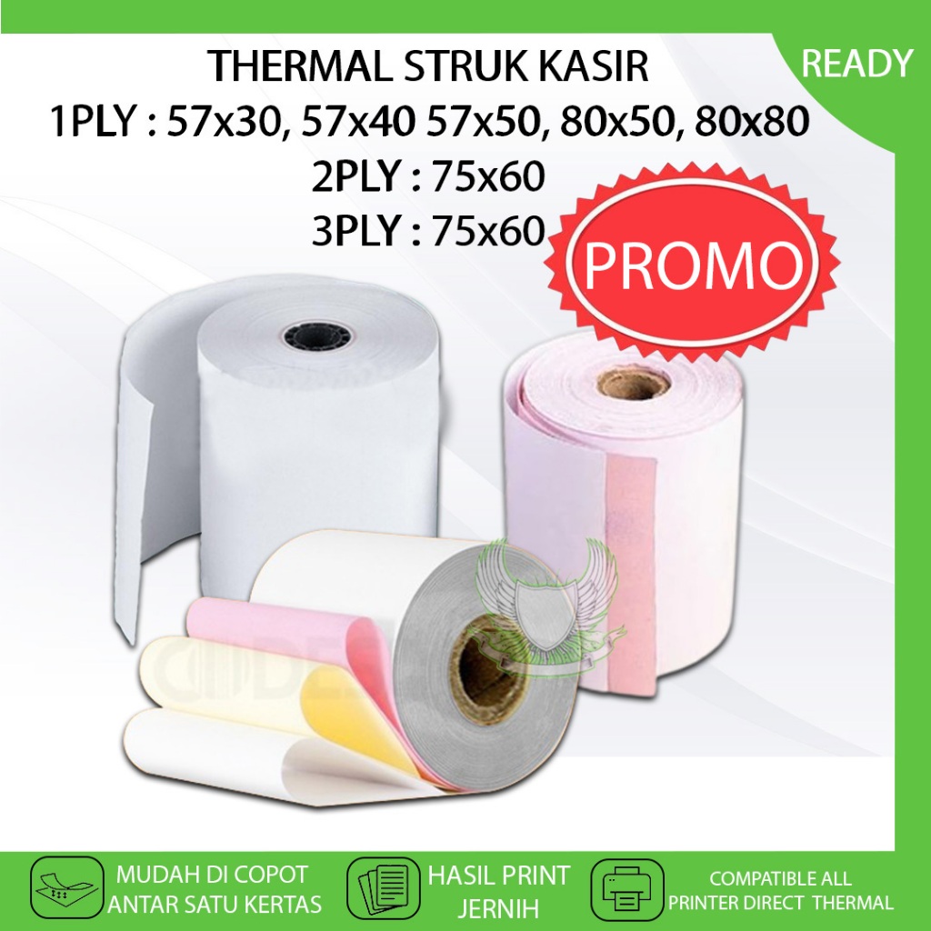 

Kertas Thermal Nota Struk Toko Kasir 1 PLY Uk 57X30 57X50 80X50 80X80 75X60 80X80 Cetak Print Label HVS BON Belanja