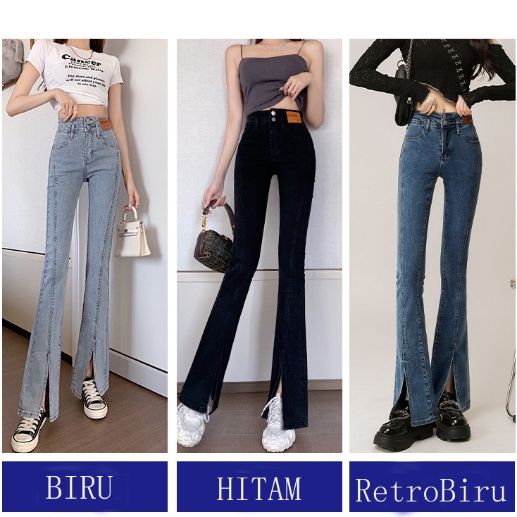 Tren Kekinian Celana Jeans Panjang Wanita Highwaist Jeans Kulot Cutbray Stretch Motif Belah Depan Ba