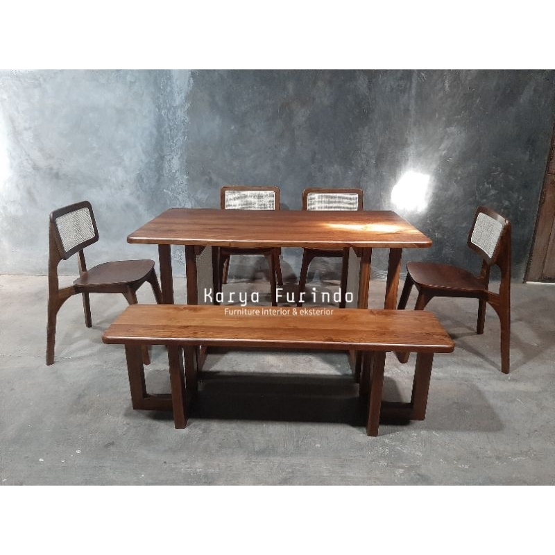 Set Meja Makan Kayu Jati Perhutani Grade A, Meja Makan Jati Mix Rotan, Meja Makan Rattan, Meja Makan