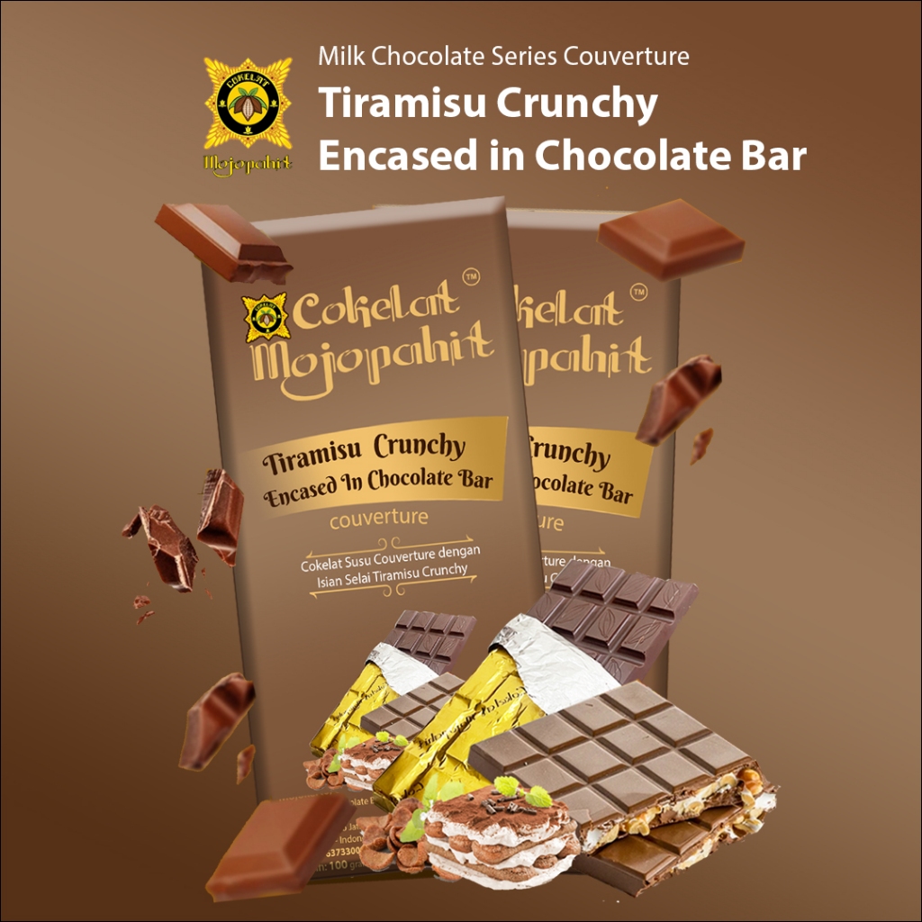 

COKELAT MOJOPAHIT I TIRAMISU CRUNCHY ENCASED IN CHOCOLATE BAR COUVERTURE 100 gr I MILK CHOCOLATE SERIES 100 GR