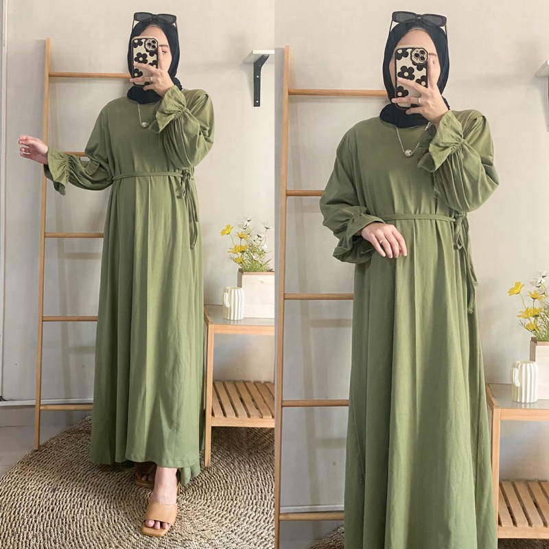 Midi Dress Erlena Midi Dress Remaja Terbaru Gamis Bahan Crinkle Airflow  Korean Style Gamis hitam