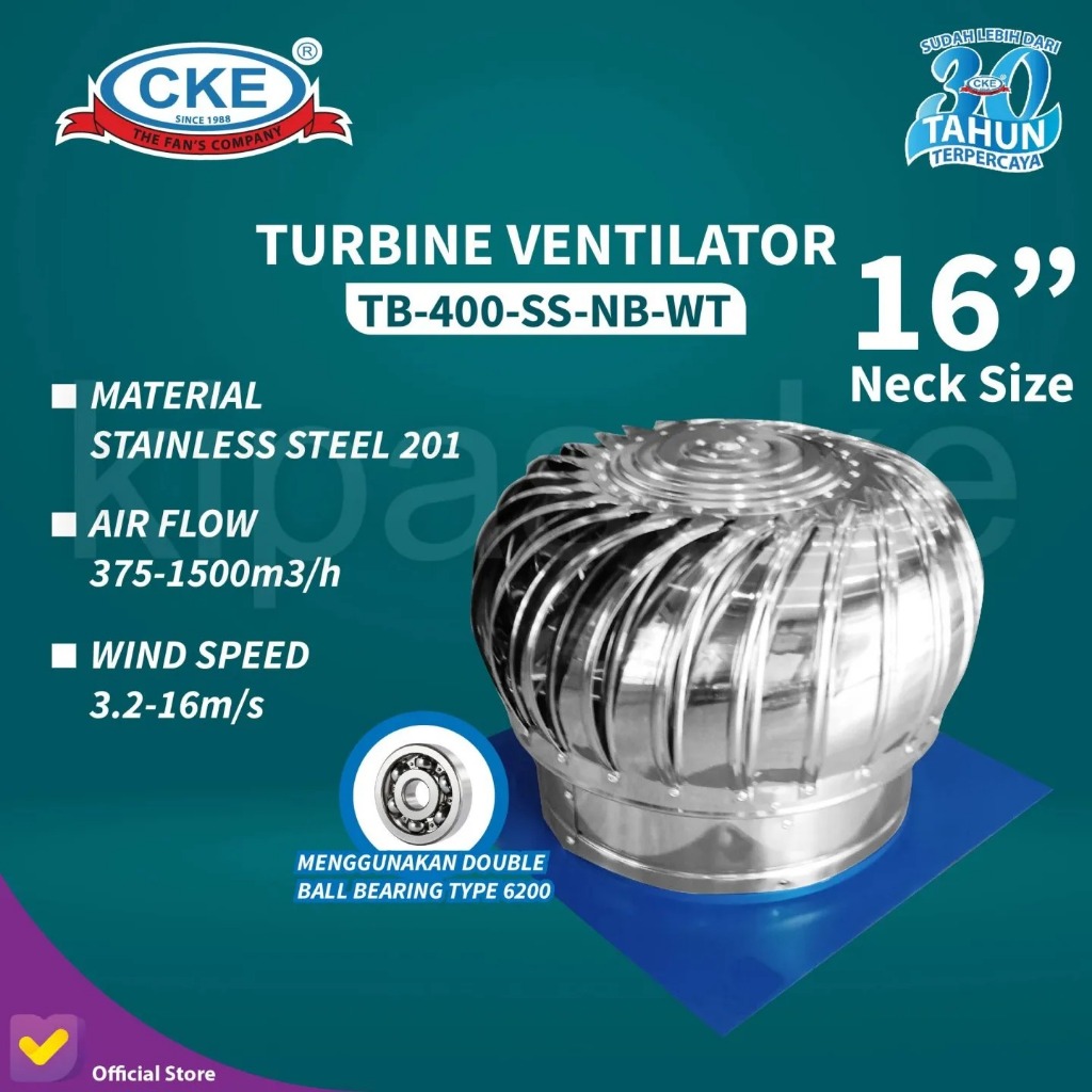 Turbin Ventilator CKE 16 Inch TB-400-SS-NB-WT Ventilasi Udara Atap Pabrik Gudang Resto Non Listrik