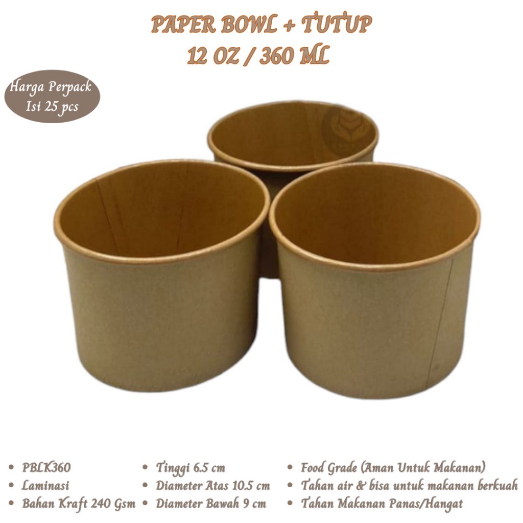 Paper Bowl 360 Ml Rice Bowl 12 Oz Plus Tutup (Isi 25 Pcs-PBLK360)