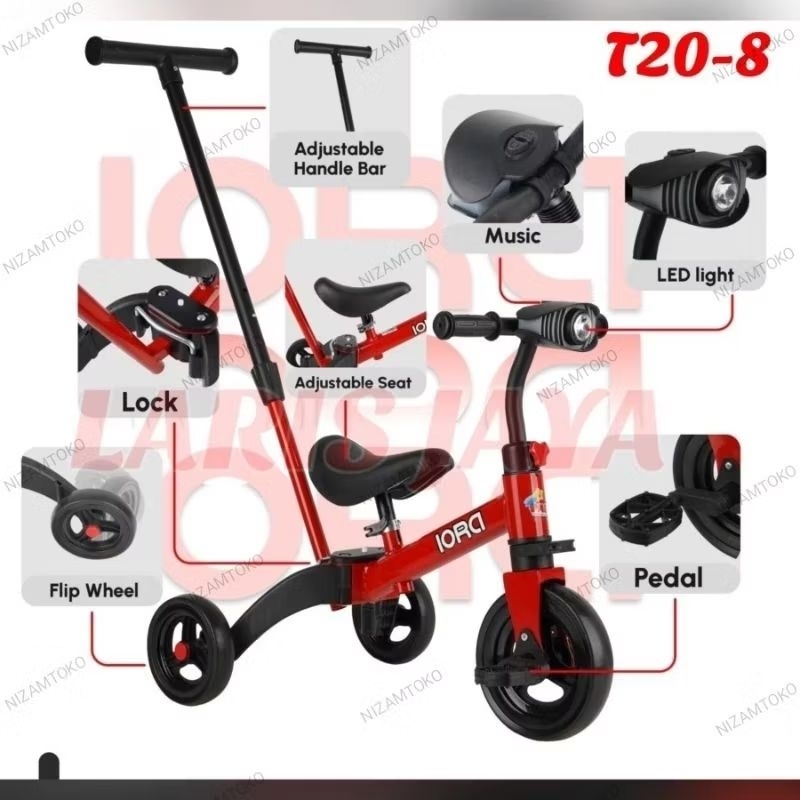 Sepeda Balance Bike PMB Iora T20-8 Sepeda Roda Tiga Pmb Iora Musik Lampu Dorongan