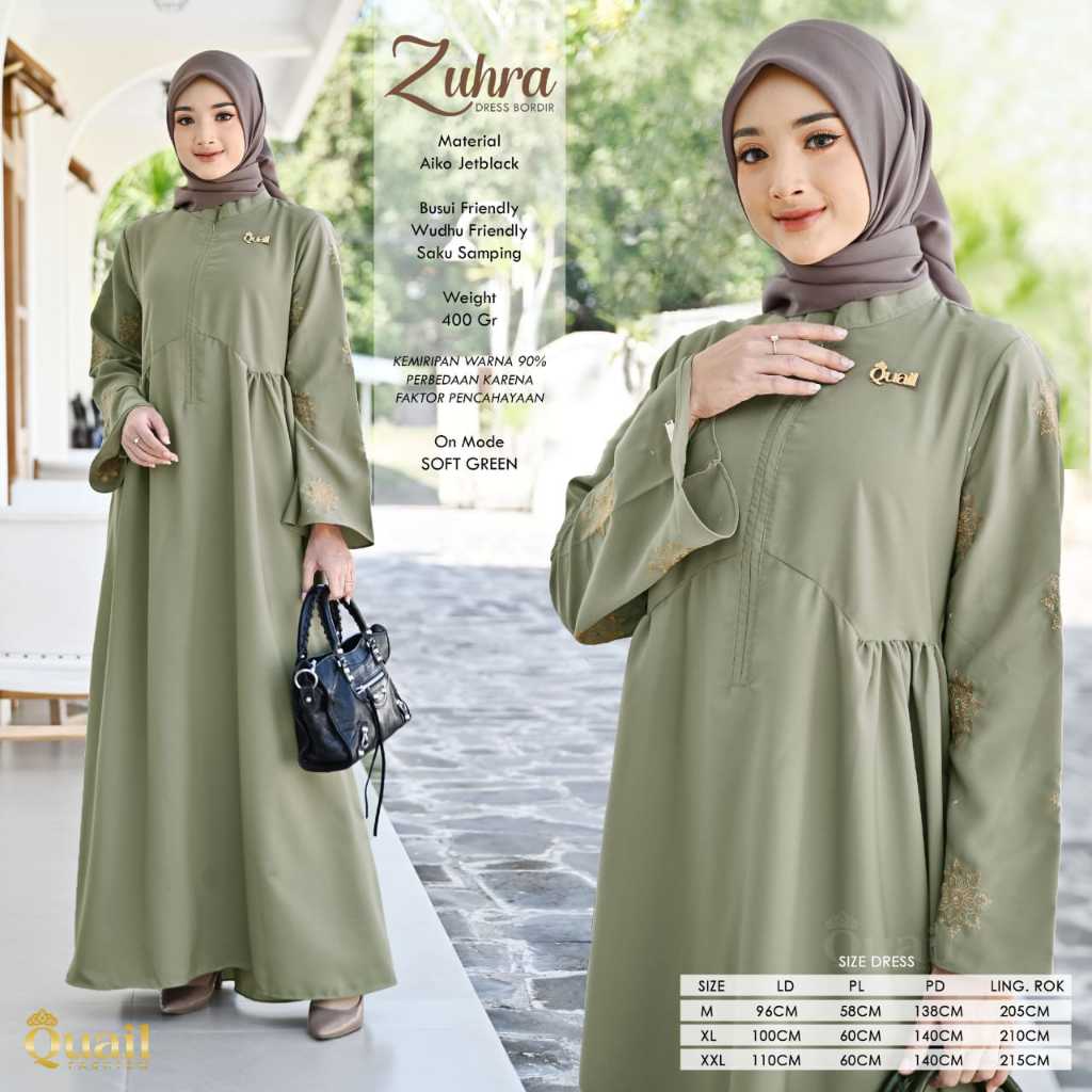 Zuhra Dress Bordir Original Quail Hijab Gamis Wanita Quail Size Sesuai FOTO Zuhra Quail