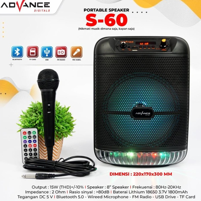 SPEAKER PORTABLE ADVANCE S60 BLUETOOTH MUSIC BOX KARAOKE