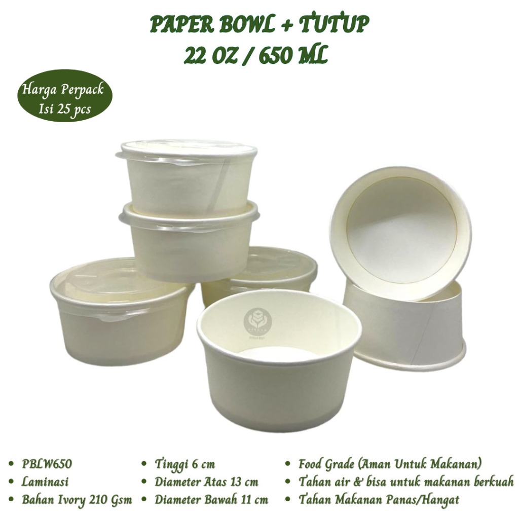 Paper Bowl 22 Oz Rice Bowl Plus Tutup 650 Ml (Isi 25 Pcs-PBLW650)