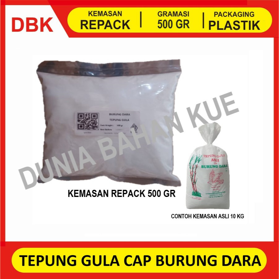 

TEPUNG GULA ASLI MURNI CAP BURUNG DARA - REPACK 500 GR / TEPUNG GULA HALUS