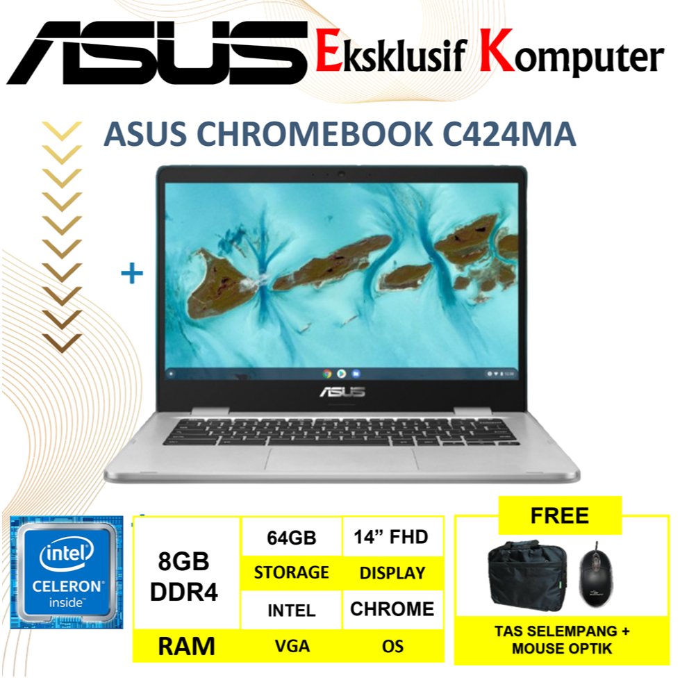 Laptop Murah Slim Asus Chromebook C424MA Intel N4020 8GB 64GB+128GB 14" FHD Chrome OS