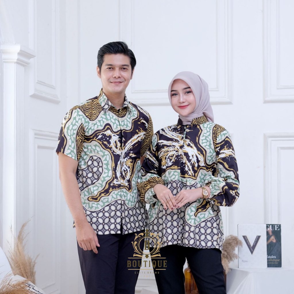 Boutique Batik Couple Elegan Motif Cakra Kuning Bahan Katun  Premium Atasan Kemeja Pria Dan Blouse W