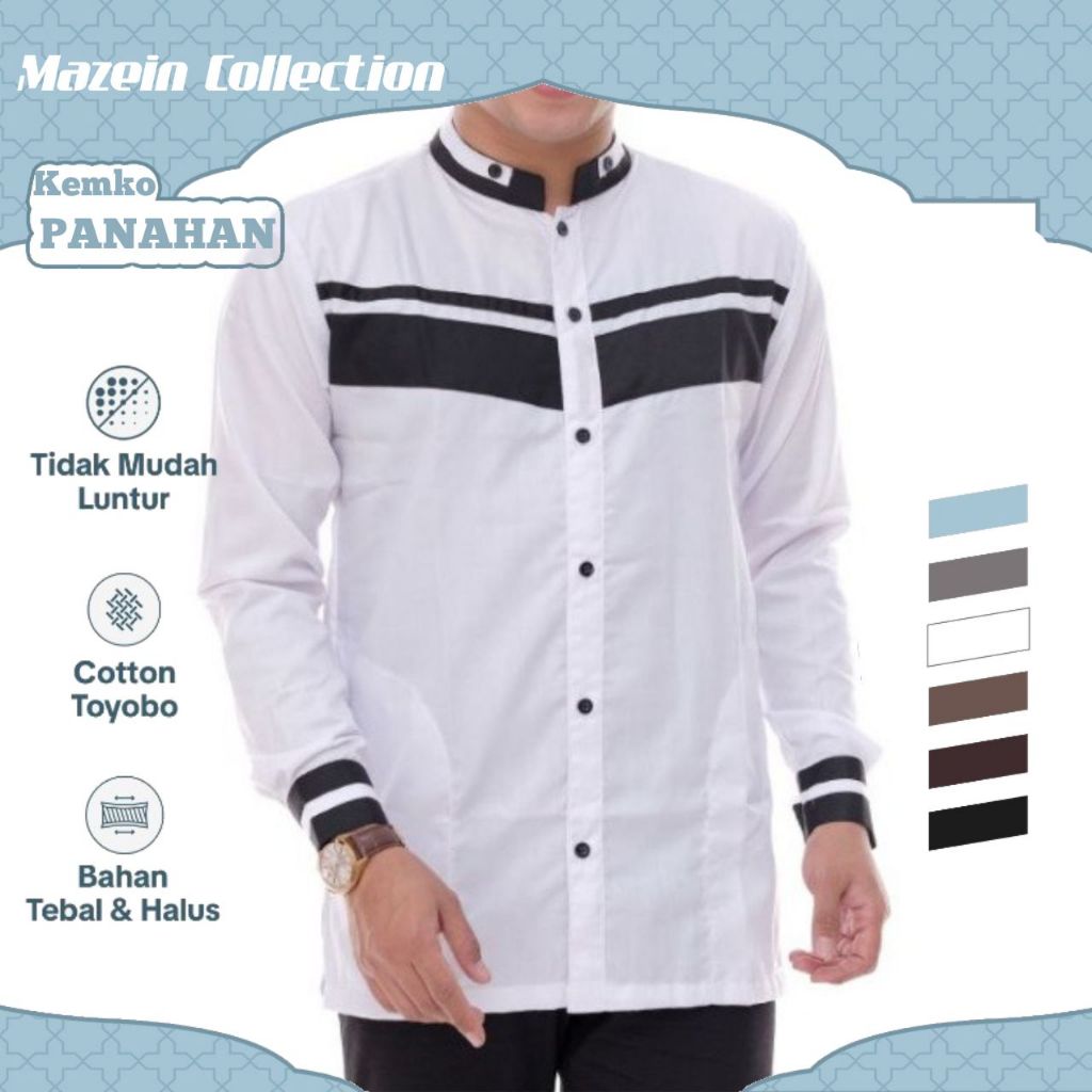 Baju Koko Pria Elrumi Lengan Panjang Motif Yisunsin Warna Putih Kombinasi Garis Hitam