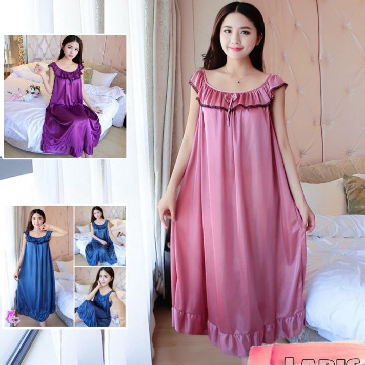 FG2 Laris  Daster pita satin renda hitam LD 125 CM  Baju tidur lingerie sexy satin import fit XXL