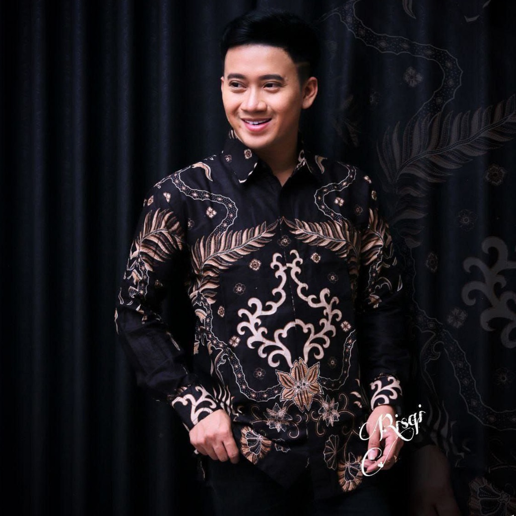 Kemeja Baju Batik Pria Kantor Casual Lengan Panjang motif Kenzo Hitam