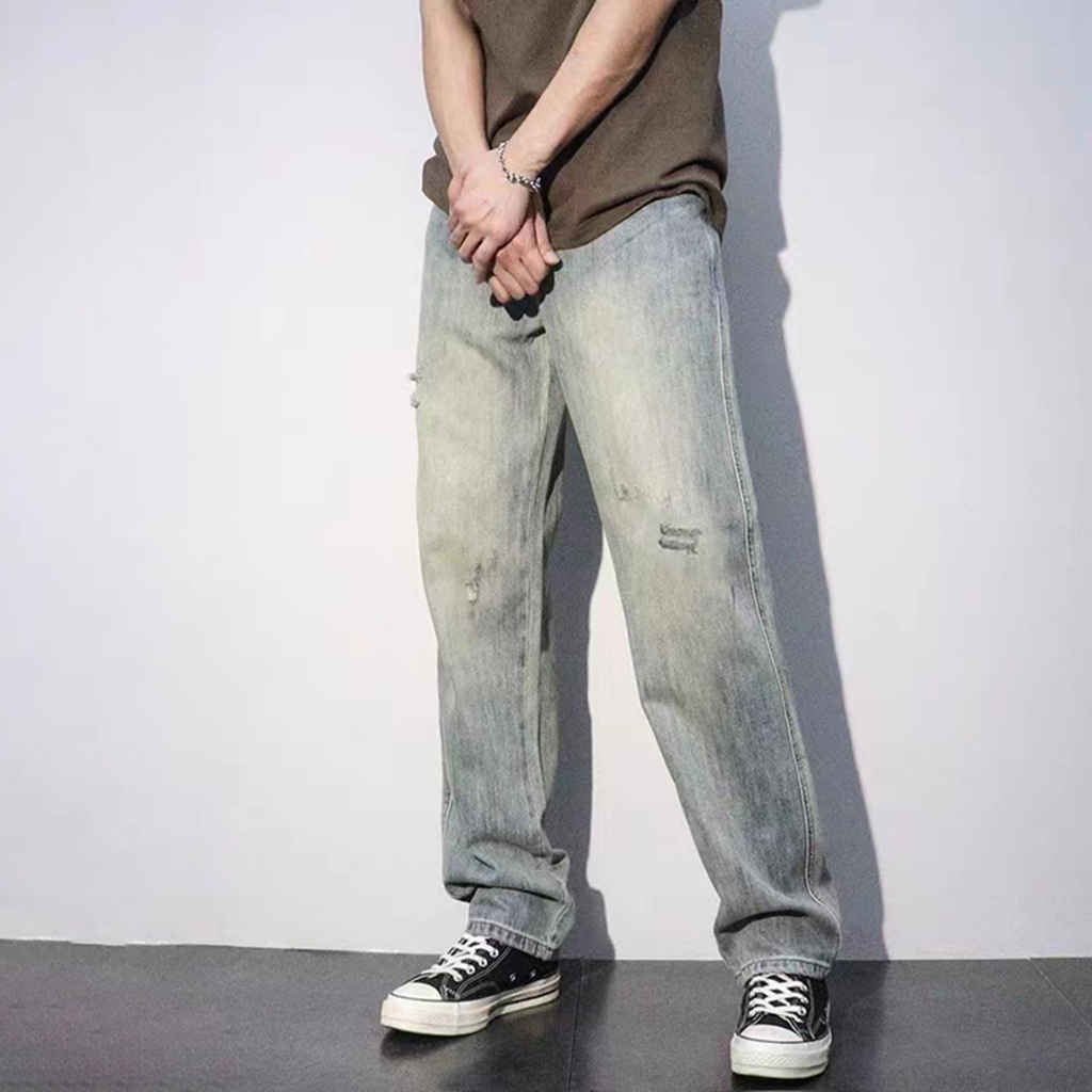 celana jeans pria celana panjang pria sobek denim Retro blue jeans straight ripped celana sobek deni