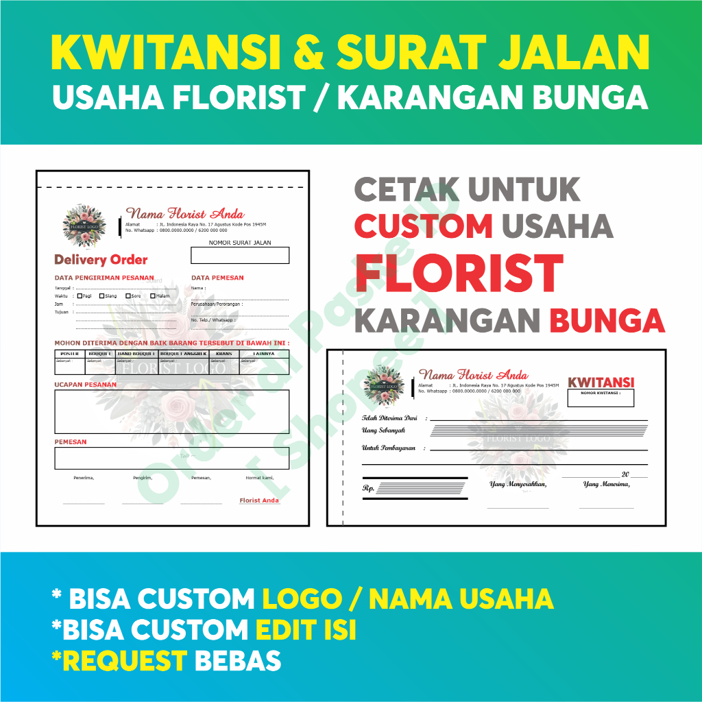 

(50 SET) FLORIST CETAK NOTA / KWITANSI / SURAT JALAN USAHA FLORIST KARANGAN BUNGA BISA CUSTOM SESUAI REQUEST