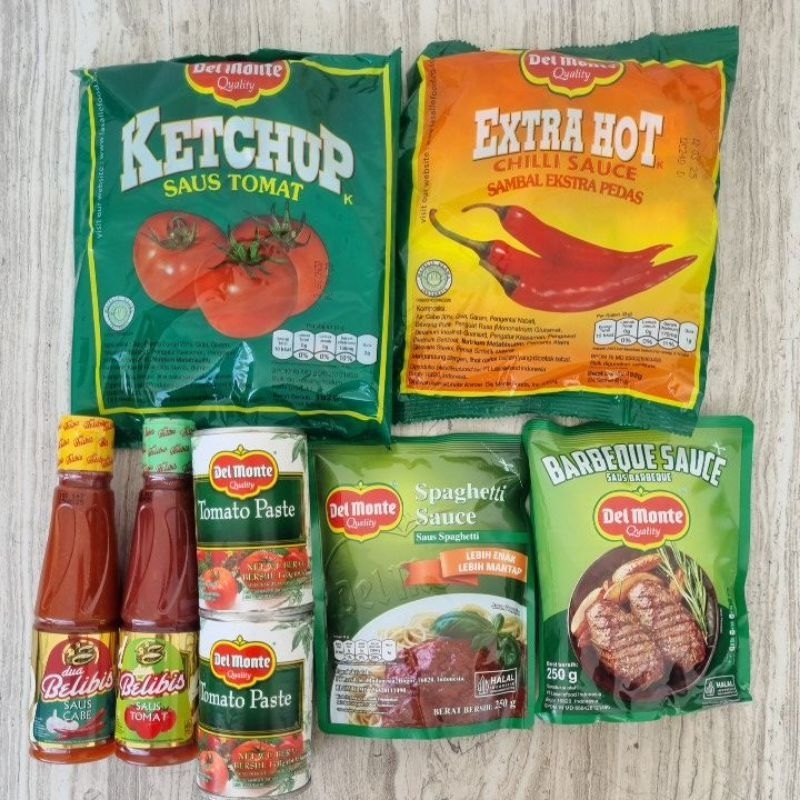 

DEL MONTE extra hot chili sachet saus sambal / saus tomat sachet delmonte tomato ketchup / saus cabe sambel chilli sauce sachet / BELIBIS saus cabai / tomato paste saus SPAGETTI sauce BARBEKUE BBQ barbeque