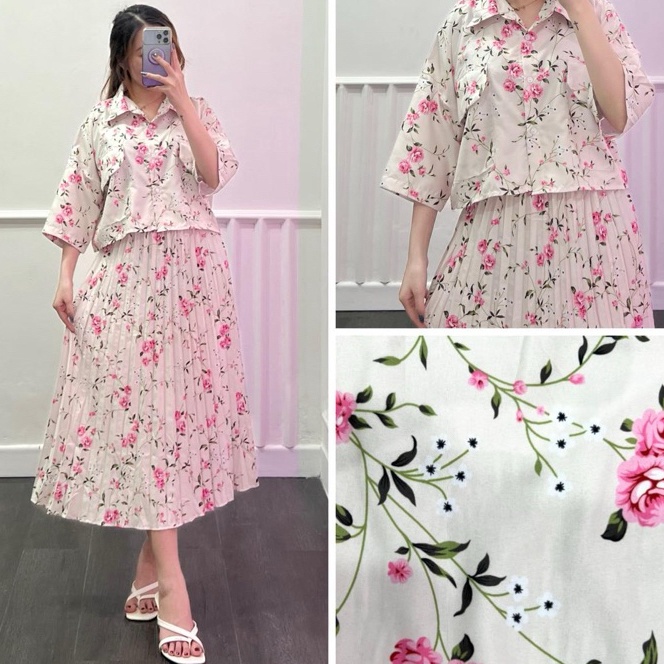 KP8 RD FASHION  One Set Fuji  One Set Clara Kemeja Crop  Rok Midi Plisket