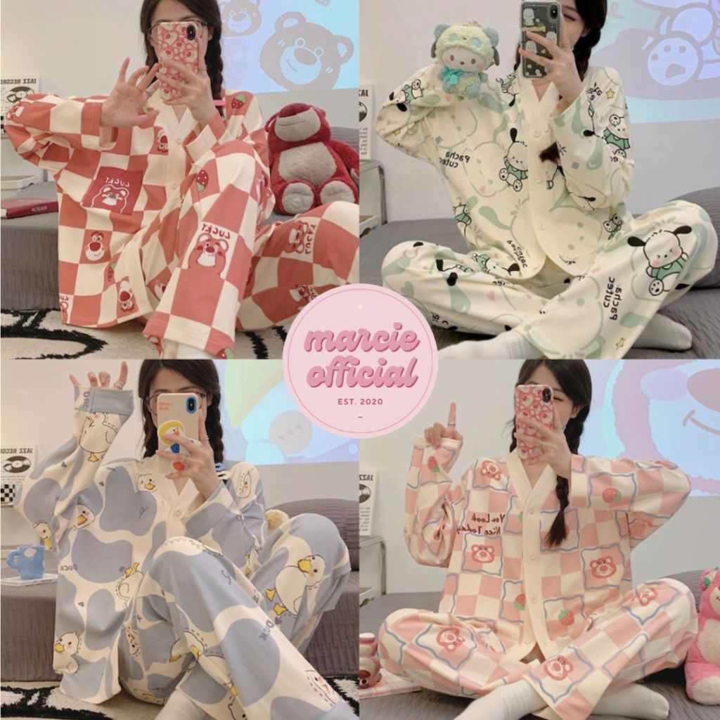 PIYAMA DEWASA MOTIF KARAKTER LUCU BAJU TIDUR LENGAN PANJANG CELANA PANJANG FULL KANCING BAHAN KATUN 