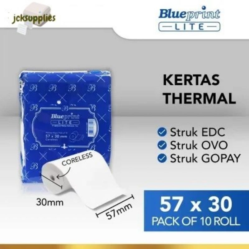 

Kertas Thermal / Kertas Kasir / Kertas Struk BLUEPRINT Lite 57x30 mm - 1 Box Isi 100 Roll