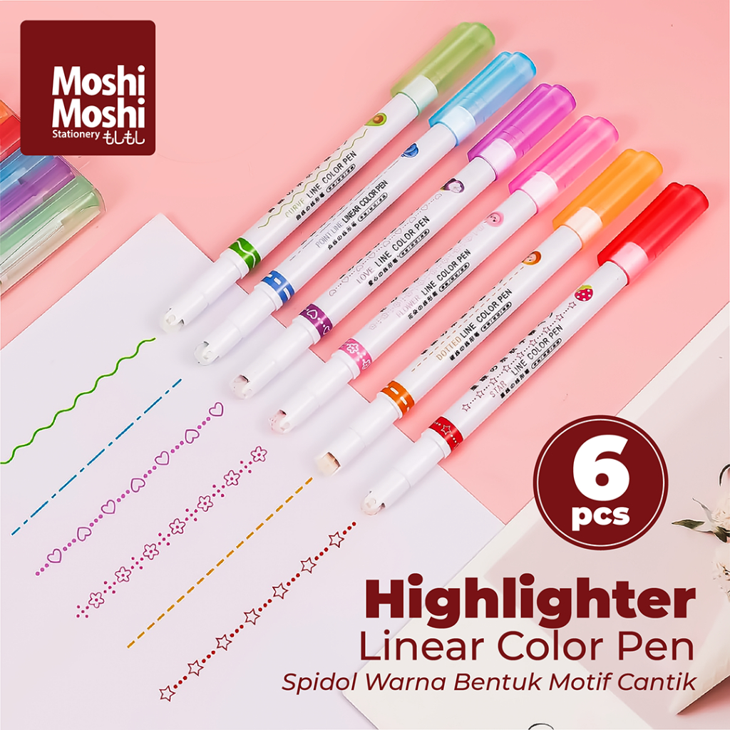 

6 PCS Highlighter Curve Marker Linear Color Pen Spidol Stabilo Bentuk Motif Cantik Penanda Tulisan Warna
