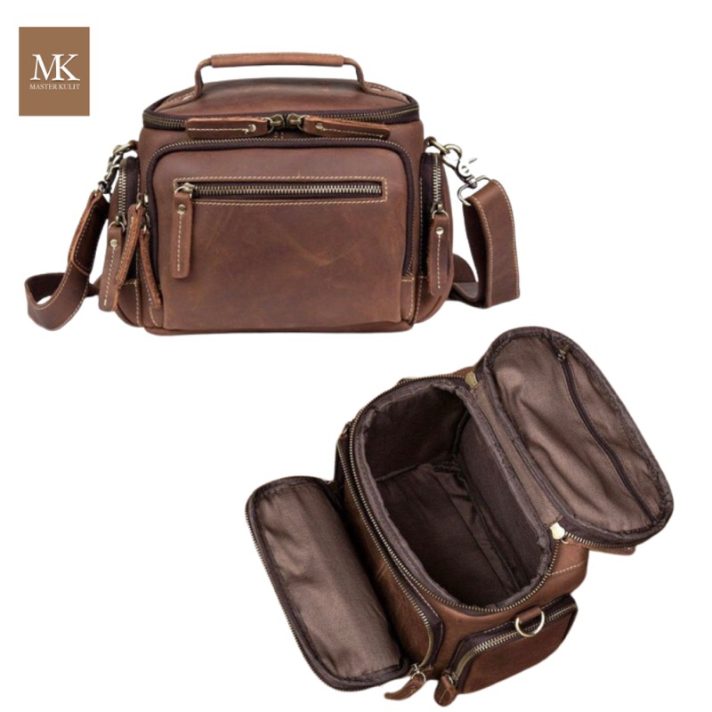 Tas Bahu Kamera Kulit Asli Model Slempang Vintage Travel Mini DSLR SLR FOTOGRAFER Mk.034