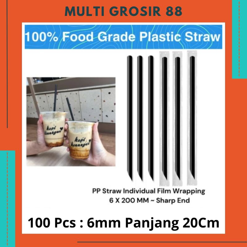 MG88 100 Pcs Sedotan Hitam Steril Kopi Es Teh Jumbo Ujung Lancip 6mm 20cm isi 100 Pcs