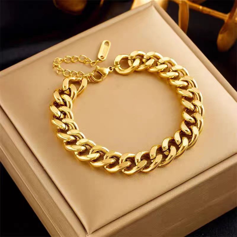 G113  Gelang Tangan Titanium Premium Pria Wanita Rantai Sisik Naga Besar Simple lapis emas 18K