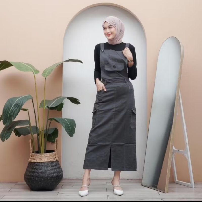 Overall Rok Cargo Wanita Katun Combad Stretch Premium Jumpsuit Rok Casual Overall Rok