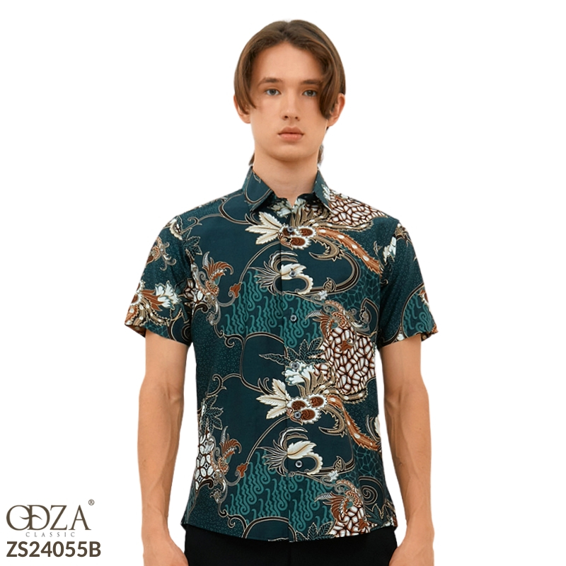 Odza Kemeja Batik Lengan Pendek Slim Fit Modern Abudaya Hijau Botol