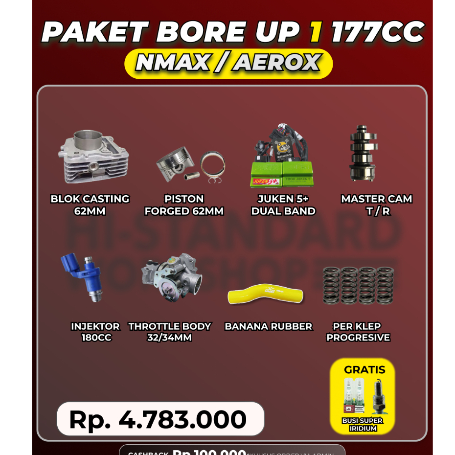 PAKET BORE UP 1175CC  NEW NMAX NEW AEROX BRT BLOK CAST IRON 62 PISTON 62 NOKEN AS PER KLEP TB ECU JU
