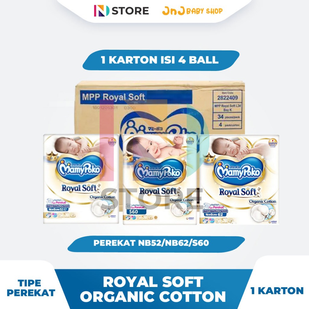Mamypoko Royal Soft Perekat NB62/NB52/M56/S60 1 Karton isi 4 Ball