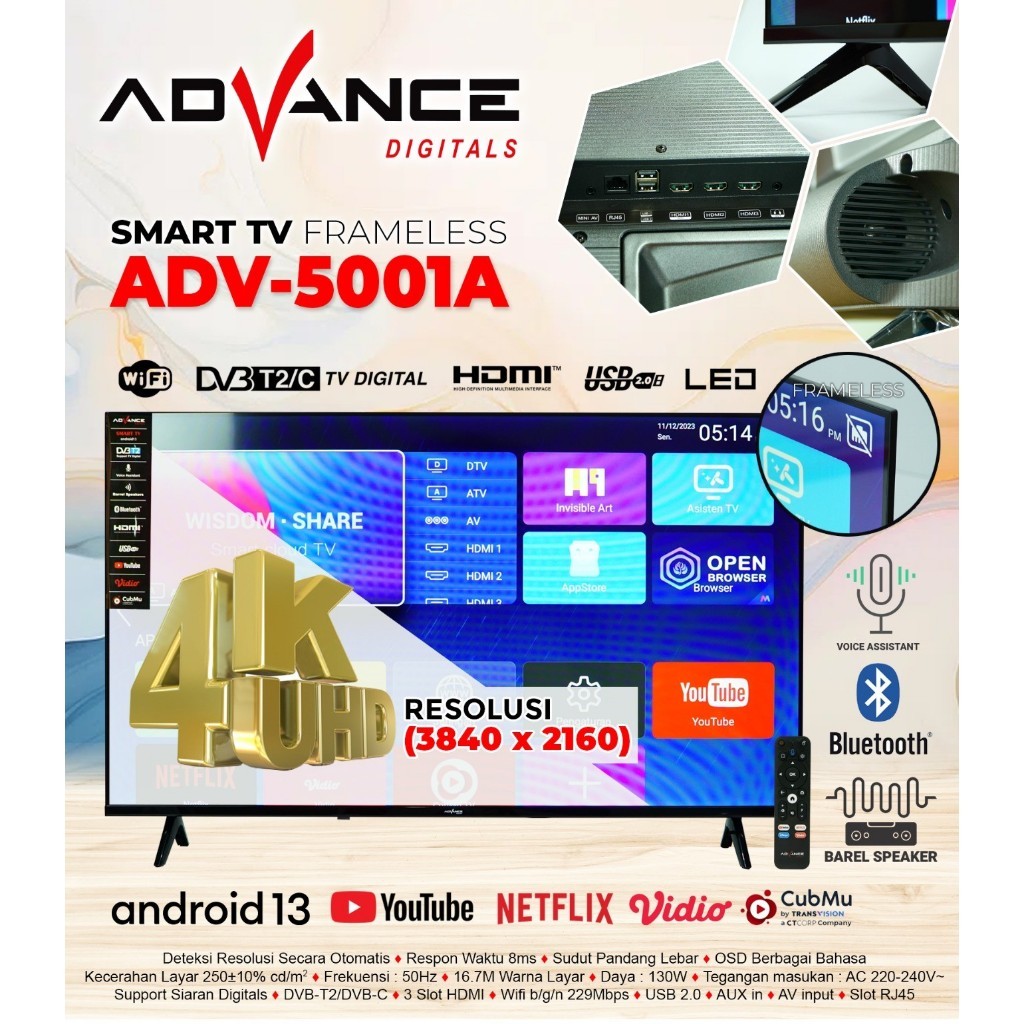 (Packing Kayu) Advance Android TV 50 inch ADV 5001A Android 13 Smart TV Frameless 50" inch Televisio