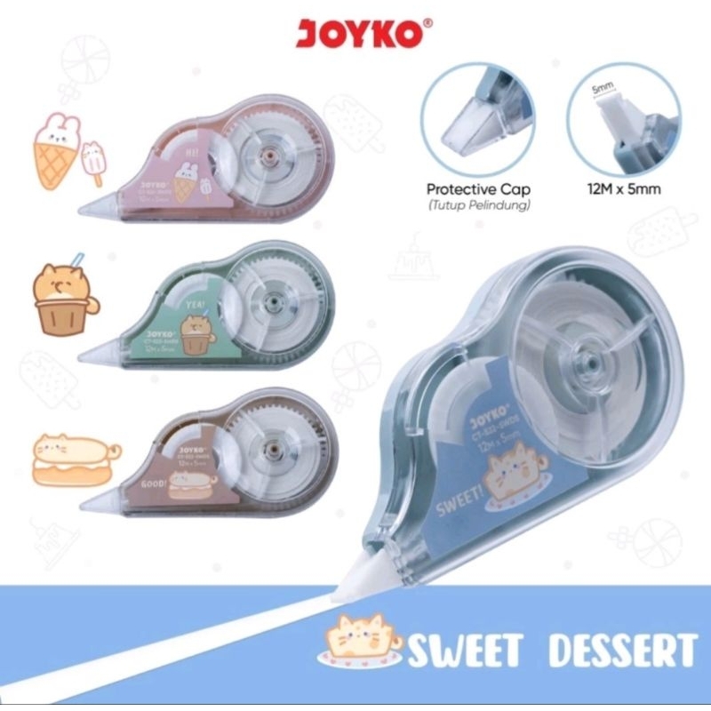 

1 Buah Correction Tape CT-522-SWDS (12 m x 5mm )/Pita Koreksi Joyko Sweer Dessert/Stipo kertas/Tip-Ex lucu gemas bergambar kucing