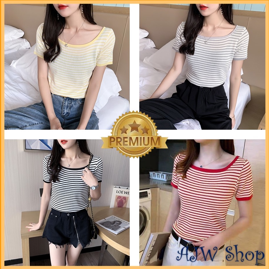 SPESIAL AWAL TAHUN AJW Rajut Stripe Wanita Lengan Pendek Sexy Garis Garis HA  Kaos Pendek Wanita  Ka