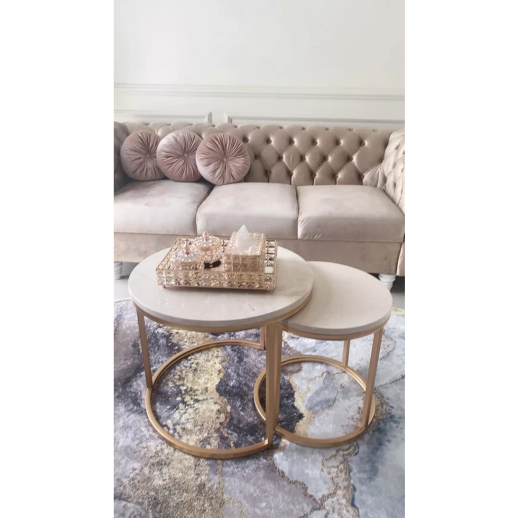 1 Set Meja Tamu Bulat Besi Hollow Warna Gold Top Meja Marmer Asli [ KALO JEPARA ]