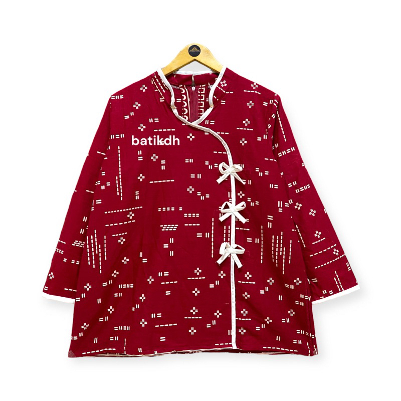 Blus Cheongsam Batik Wanita Modern Warna Merah Bahan Katun Halus Solo