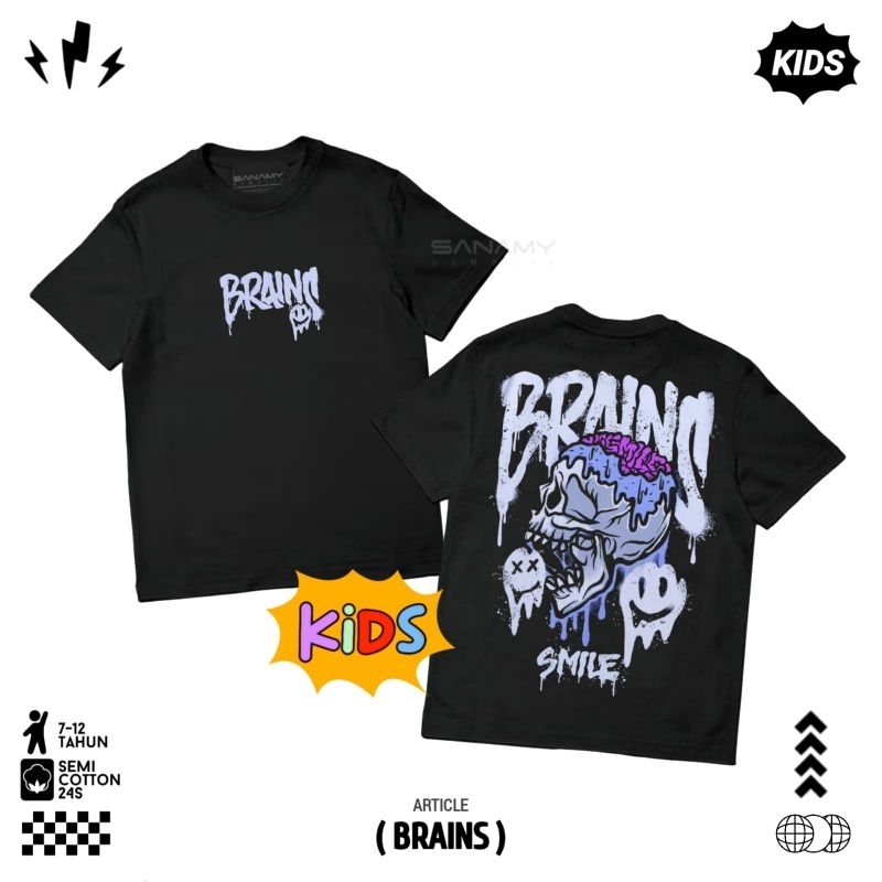 Baju Kaos Sanamy Anak Brains Tanggung  Umur 9-12 Tahun Hitam Distro
