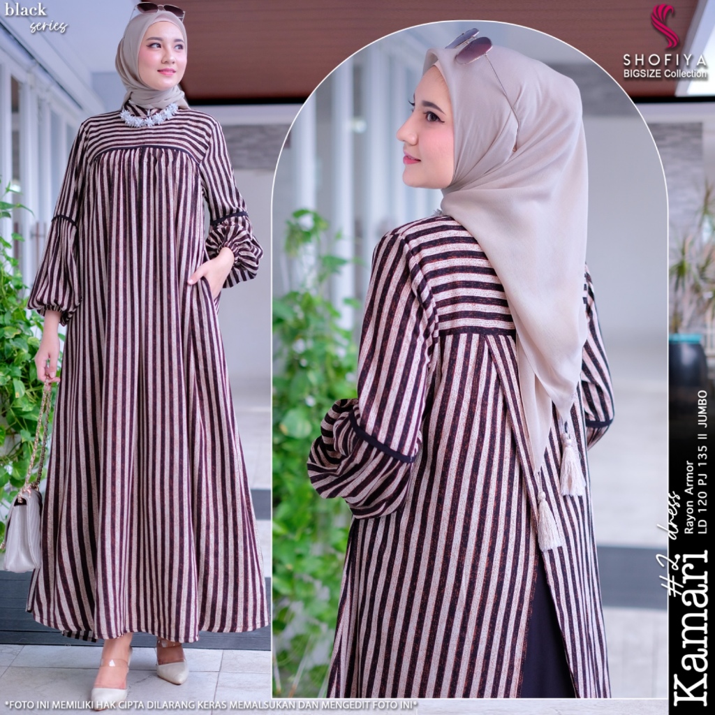 Kmr baju dress gamis syari muslim jumbo ld 120 rayon motif garis premium mewah elegan terbaru 2024