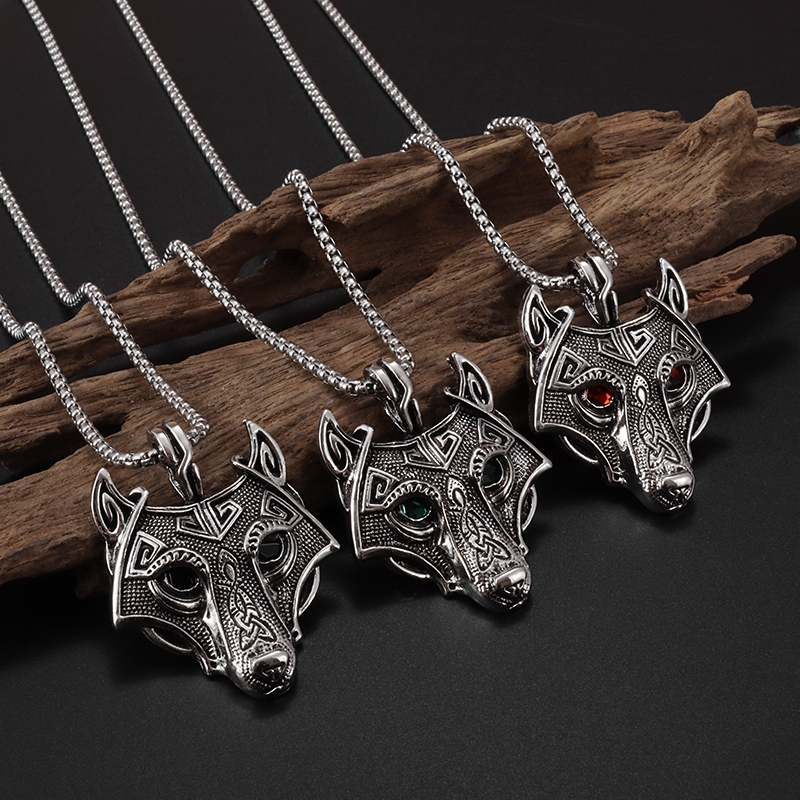 Kalung Kepala Serigala / Kalung Liontin Srigala VIKING Mata Merah Hijau Hitam Punk Unik Keren / Wolf