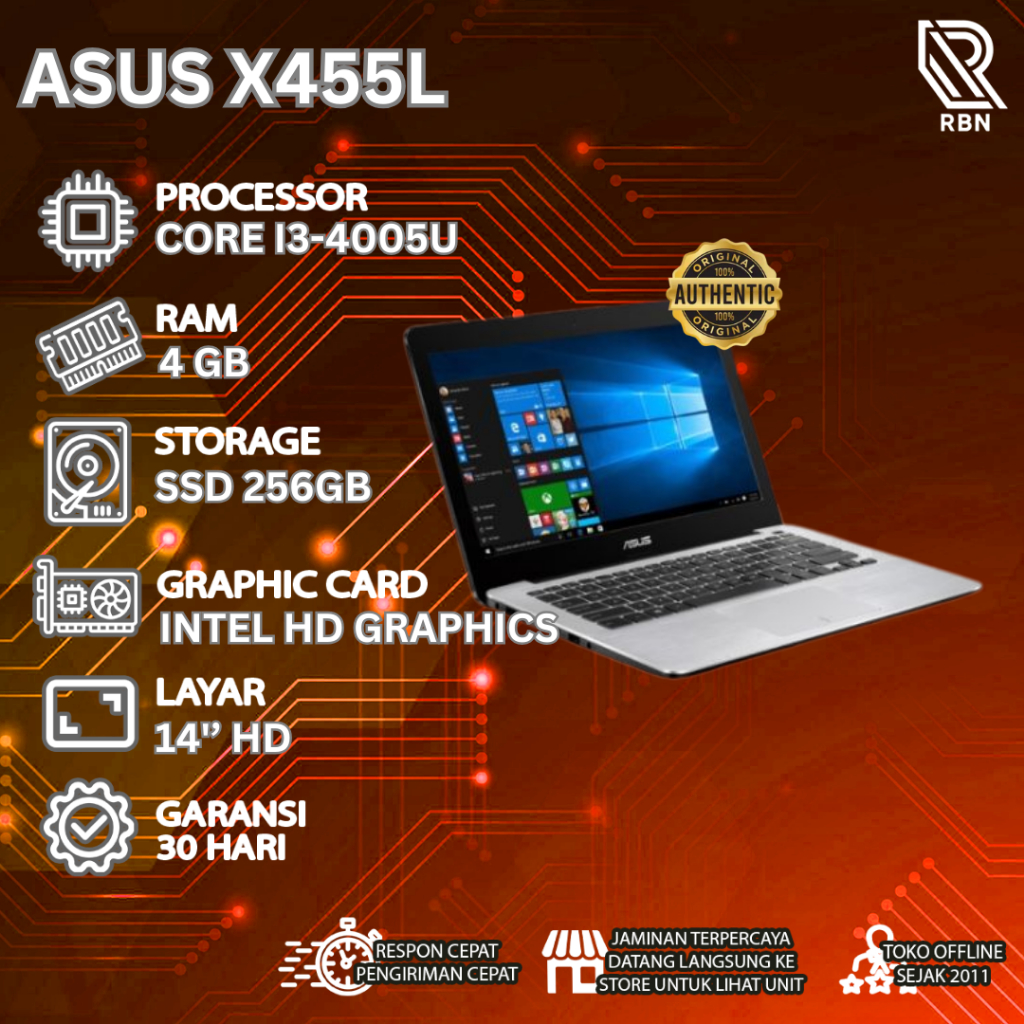 LAPTOP Notebook ASUS X455L COREI3-4005 RAM 4GB SSD 256GB Second ORIGINAL